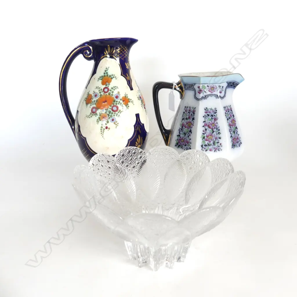 3 PCS; LAUSITZER GERMAN CRYSTAL BOWL. D.200mm, LOSOL WARE: KEELING & CO PITCHER & REGINA GOUDA JUG Image 1++