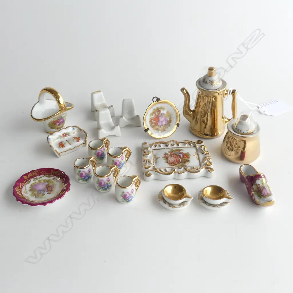 LIMOGES FRENCH MINIATURES INCLUDING TEA SET PLATES CHAIRS BASKET ETC Image 1++