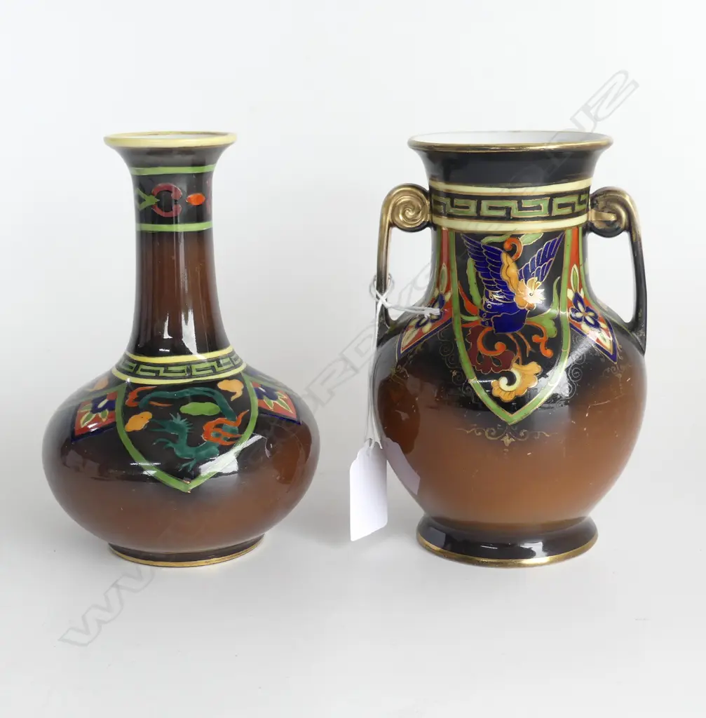 PAIR NORITAKE BROWN 'GREEK KEY' ART DECO VASES  Image 1++