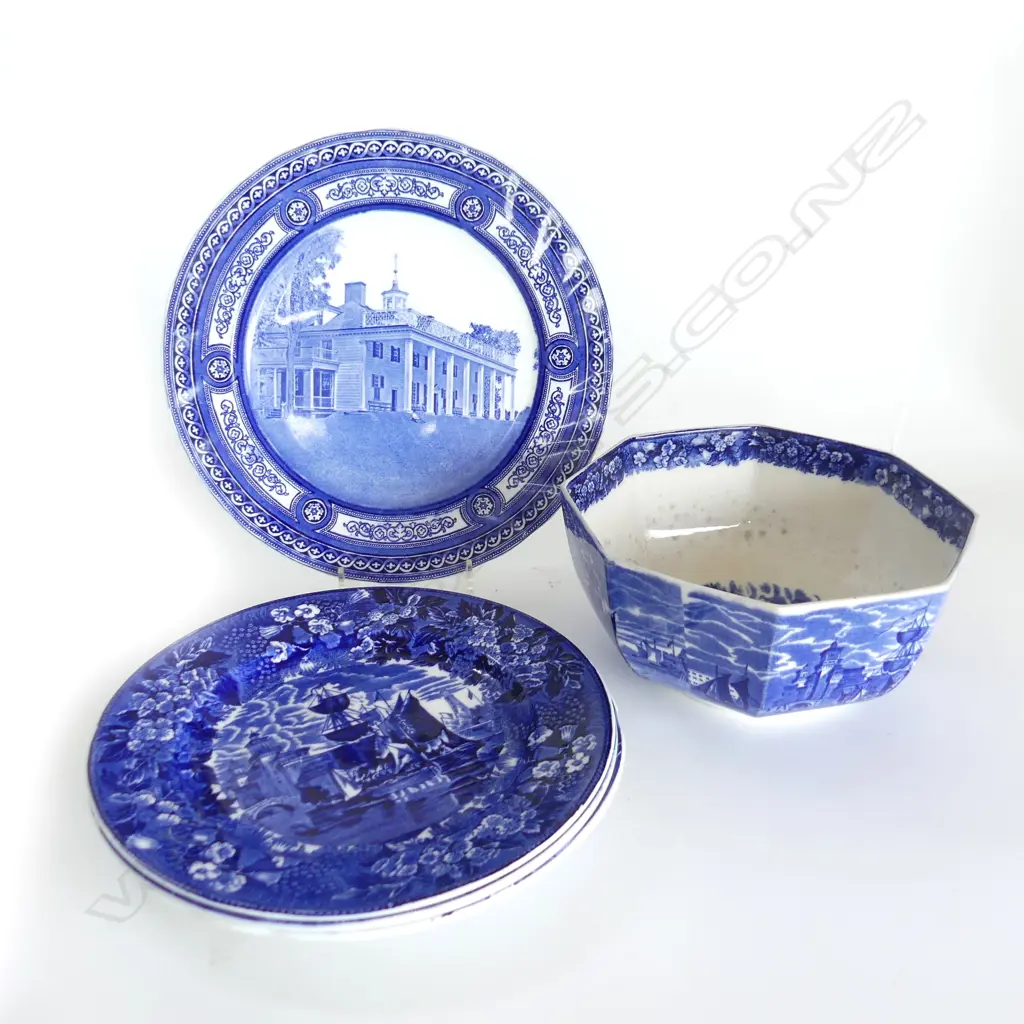 4 B/W PLATES INCL. PR SPODES ITALIAN 230mm dia + WEDGWOOD OCTAGONAL BOWL 195mm dia Image 1++