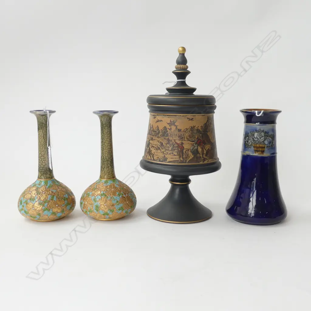 4 PCES CERAMICS; 3 DOULTON LAMBETH VASES (PR (RIM CHIP) + 1), ITALIAN LIDDED CONTAINER H.275mm Image 1++