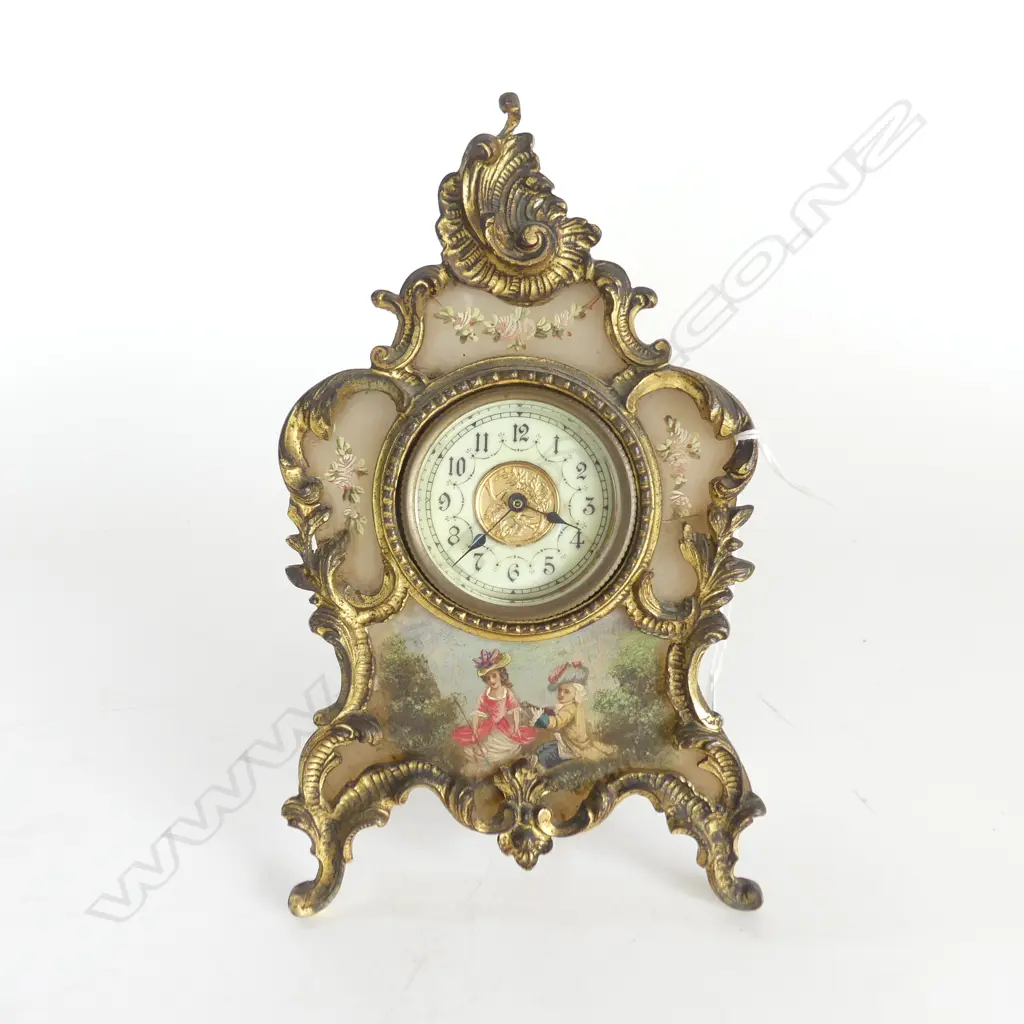 EARLY 20THC FRENCH ORMOLU & PAINTED MARBLE DESK CLOCK finely painted w courting couple H.205mm. strut back Image 1++
