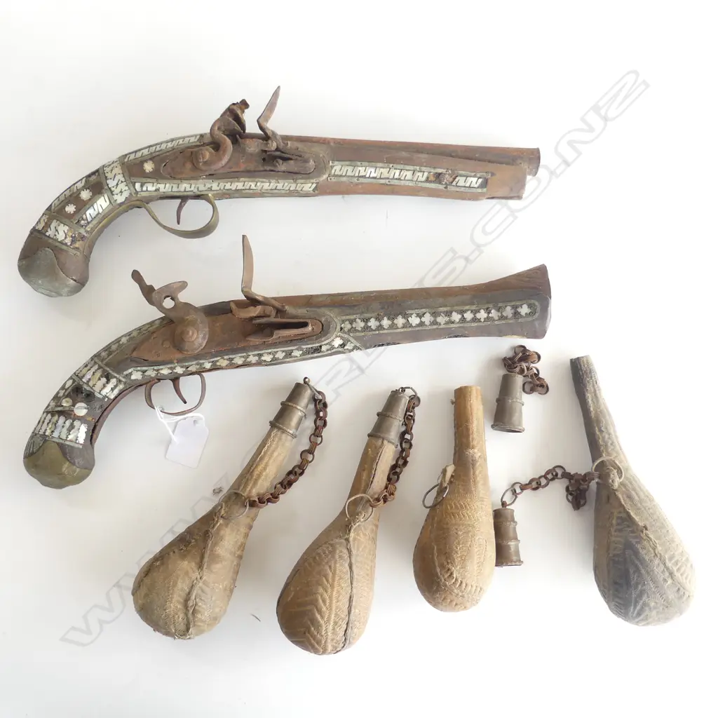 2 VINTAGE MoP INLAID PISTOLS L.380mm + 4 LEATHER POWDER FLASKS Image 1++
