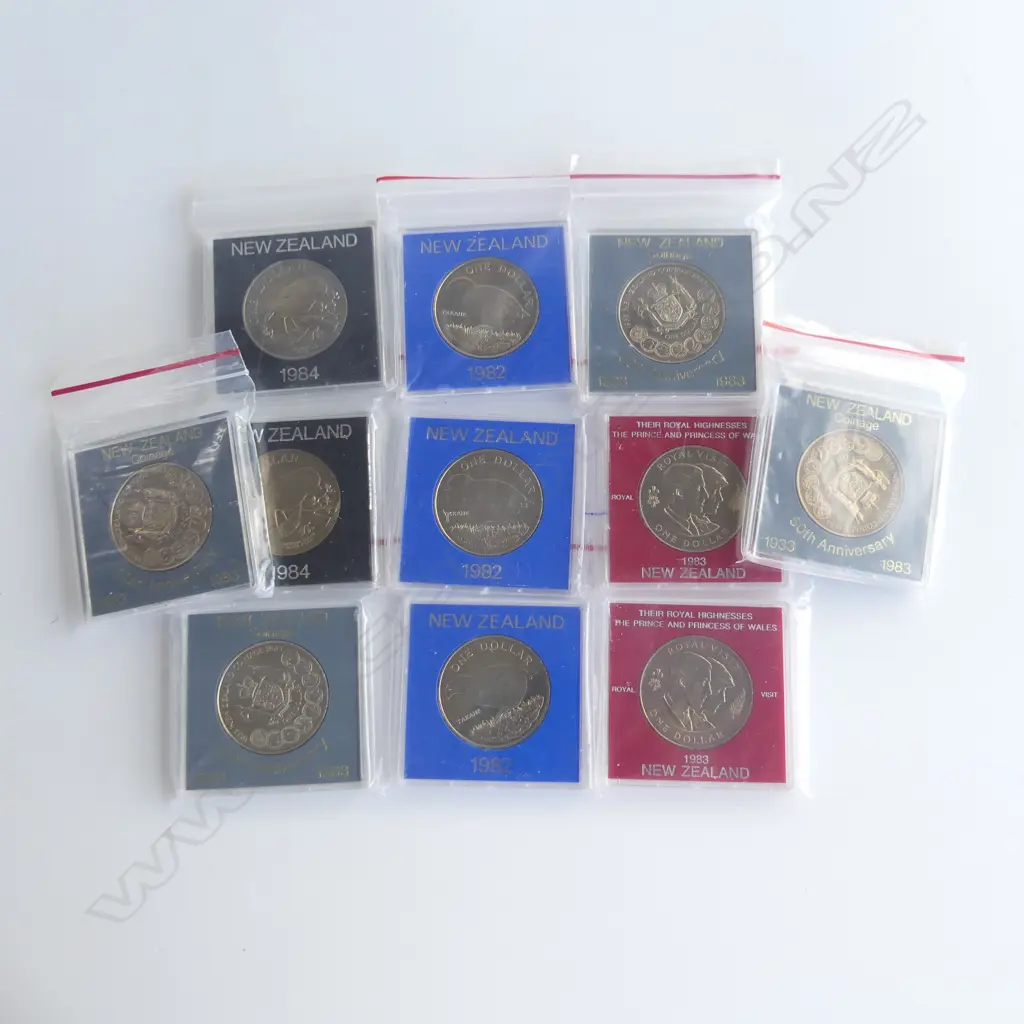 ELEVEN ASSORTED COMMEMORATIVE COINS - NZ/KAKAPO/CHARLES AND DI./ROBIN Image 1++