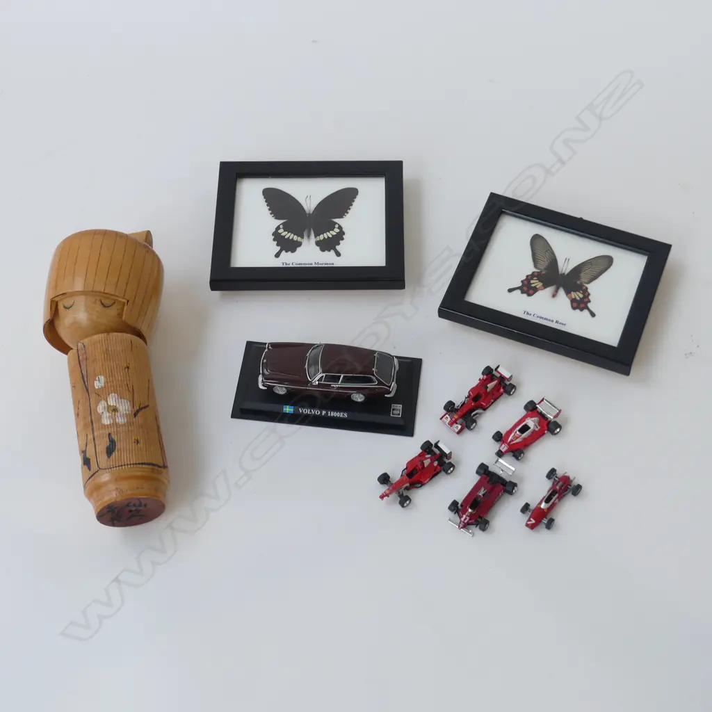 1950s JAPANESE KOKESHI DOLL, signed on base, 2 FRAMED BUTTERFLIES (not endangered), VOLVO MODEL & 5 F1 FERRARI MODELS Image 1++