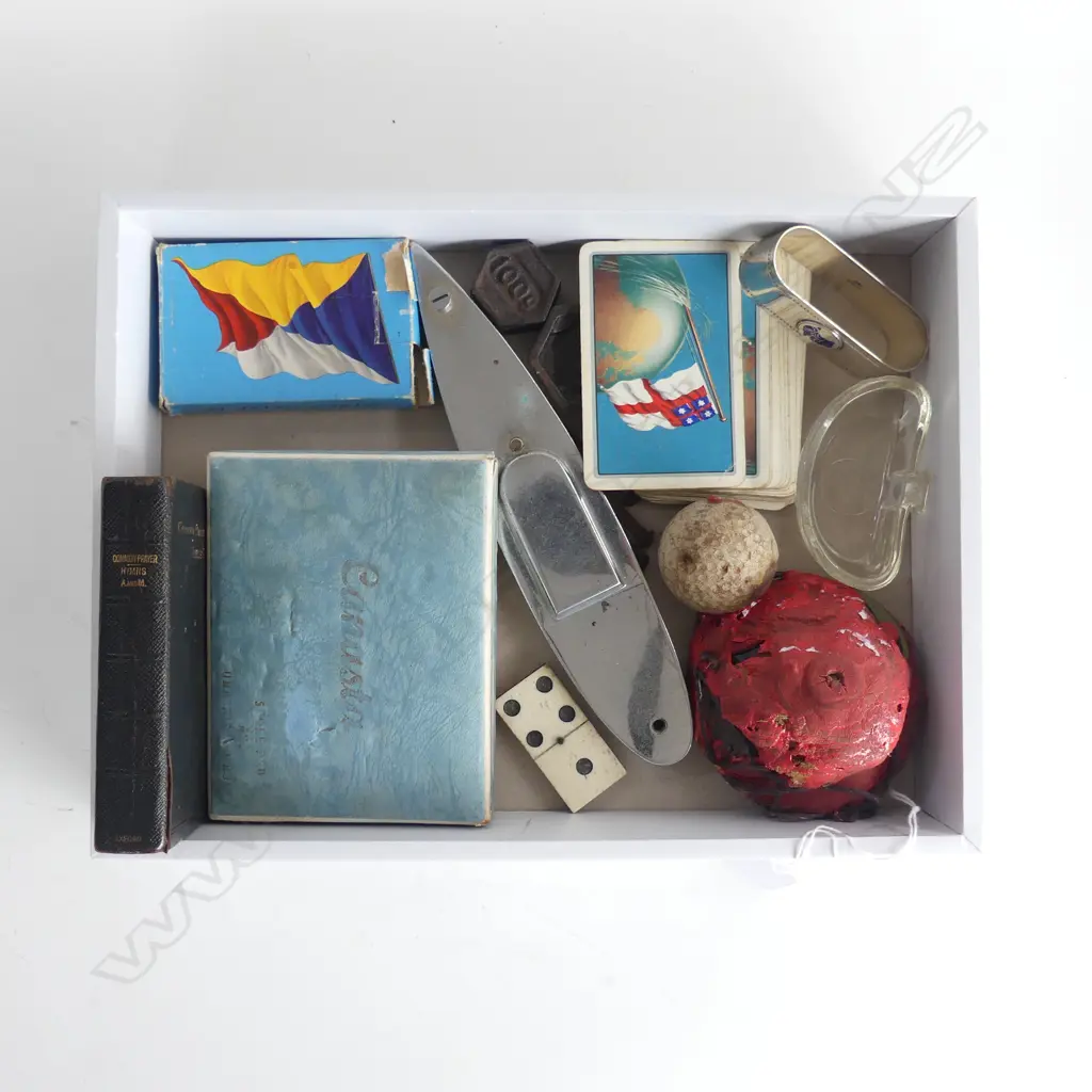 TRAY OF SMALL COLLECTABLES – SHIPPING CARDS, CANASTA, WEIGHTS, SLEEPER NAILS, PRAYER BOOK ETC Image 1++