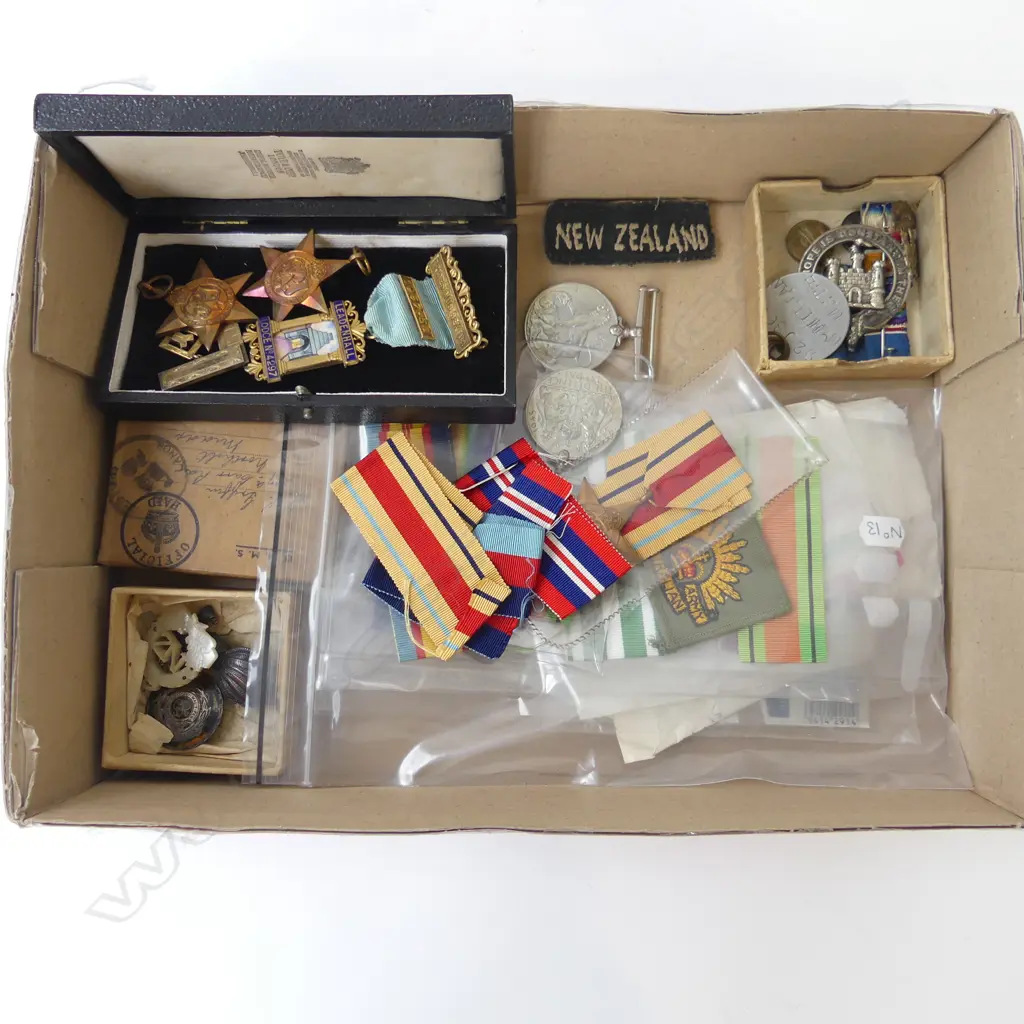 ASST. MILITARY BADGES INCL. 2x AFRICA STAR, 1939-45 STAR, 1939-45 MEDAL, DEFENCE MEDAL, MASONIC SILVER GILT ETC Image 1++