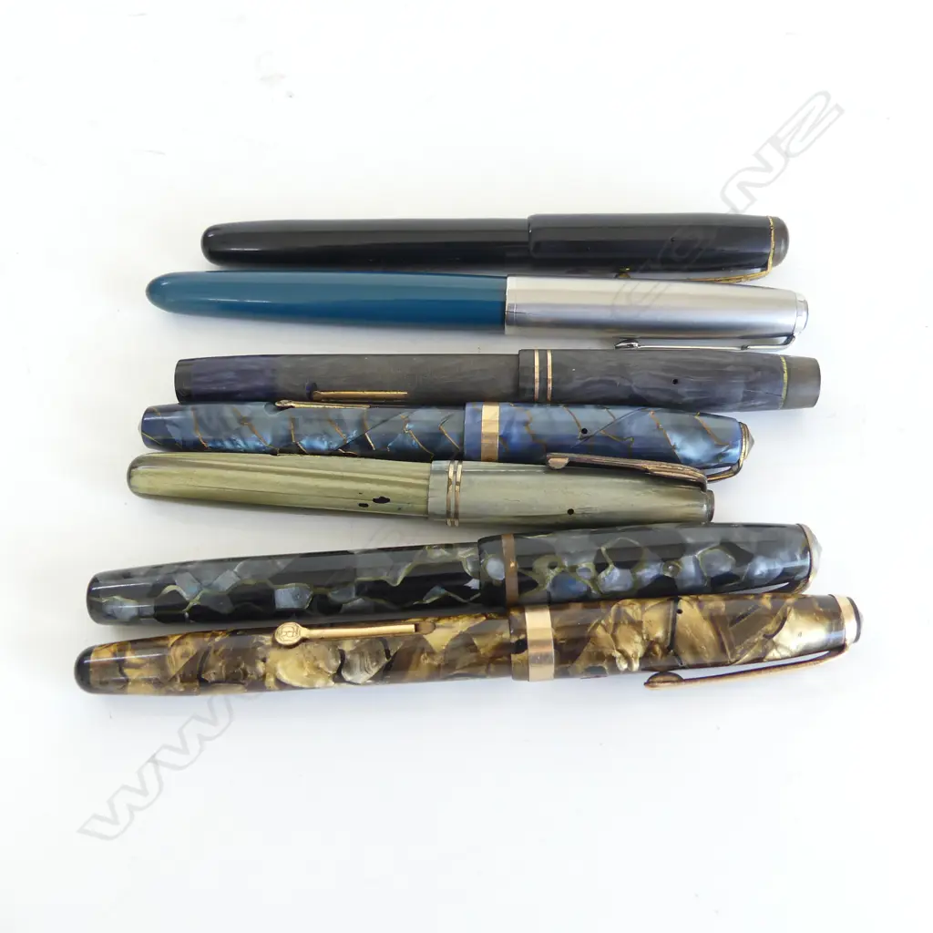 7 x VINTAGE FOUNTAIN PENS: Parker 51 + Watermans 512V + Conway Stewart 84 + Burnham 50 + 3x Onoto gold marbleized lever  Image 1++