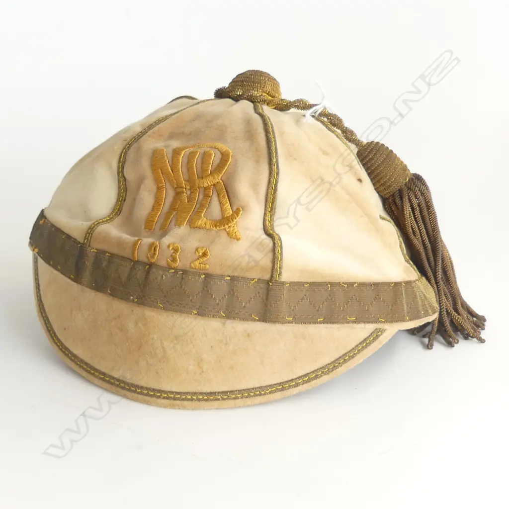 (28) 1932 'NRL' RUGBY HONOUR CAP PALE BEIGE VELVET EMBROIDED, MARKER'S LABEL INSIDE "COX HAT FACTORY" Image 1++