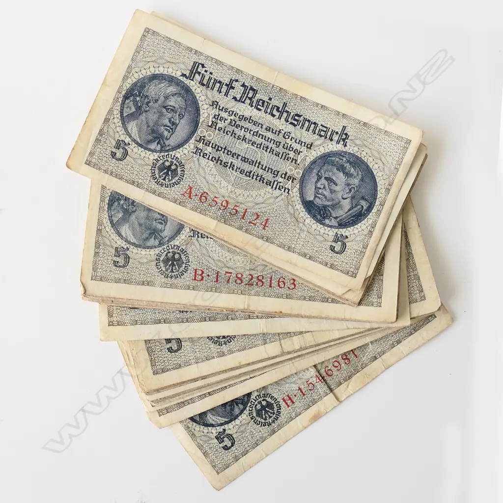 30+ GERMAN 3rd REICH FIVE REICHSMARK 1940-45 BANK NOTES, SERIAL Nos A-H Image 1++