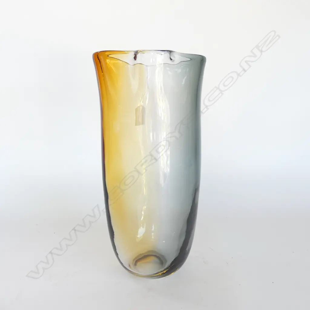 TALL HANDKERCHIEF STYLE ART GLASS VASE IN GREY/ORANGE TONES, 330mm Image 1++
