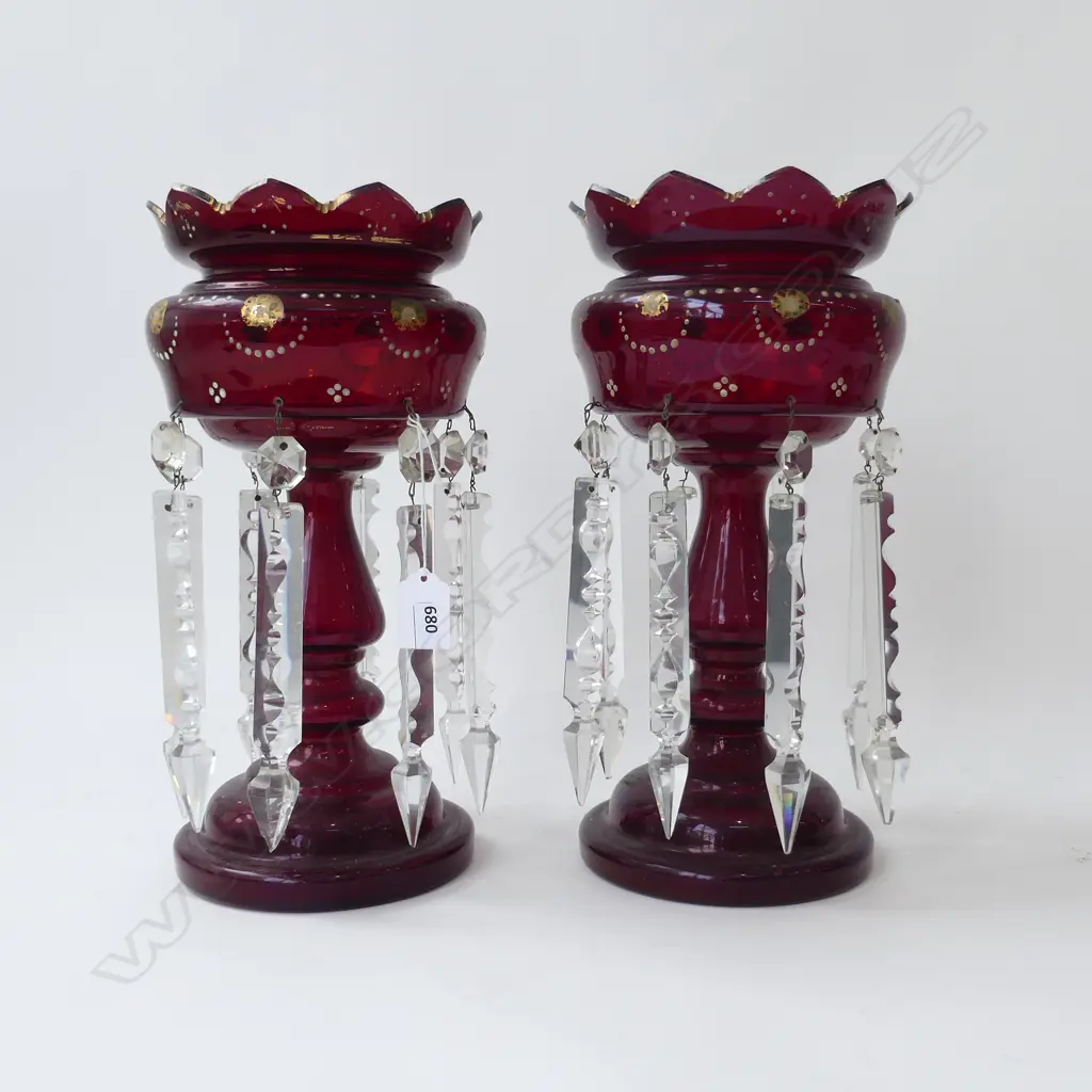 PAIR OF VICTORIAN CRANBERRY GLASS LUSTRES H 330 MM Image 1++