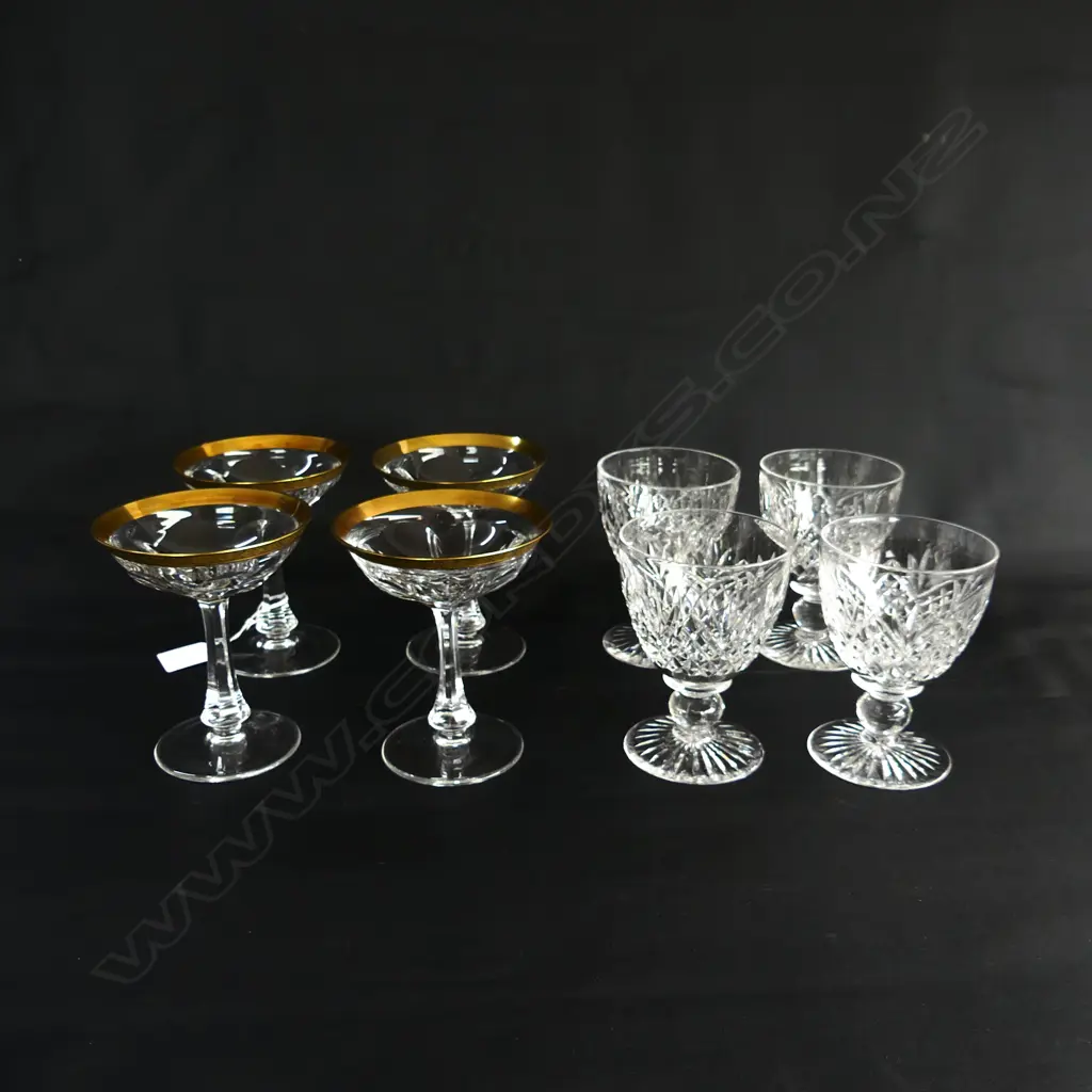 4 STUART CRYSTAL WINE GLASSES H.120mm + 4 GOLD RIMMED CHAMPAGNE GLASSES H.130mm Image 1++