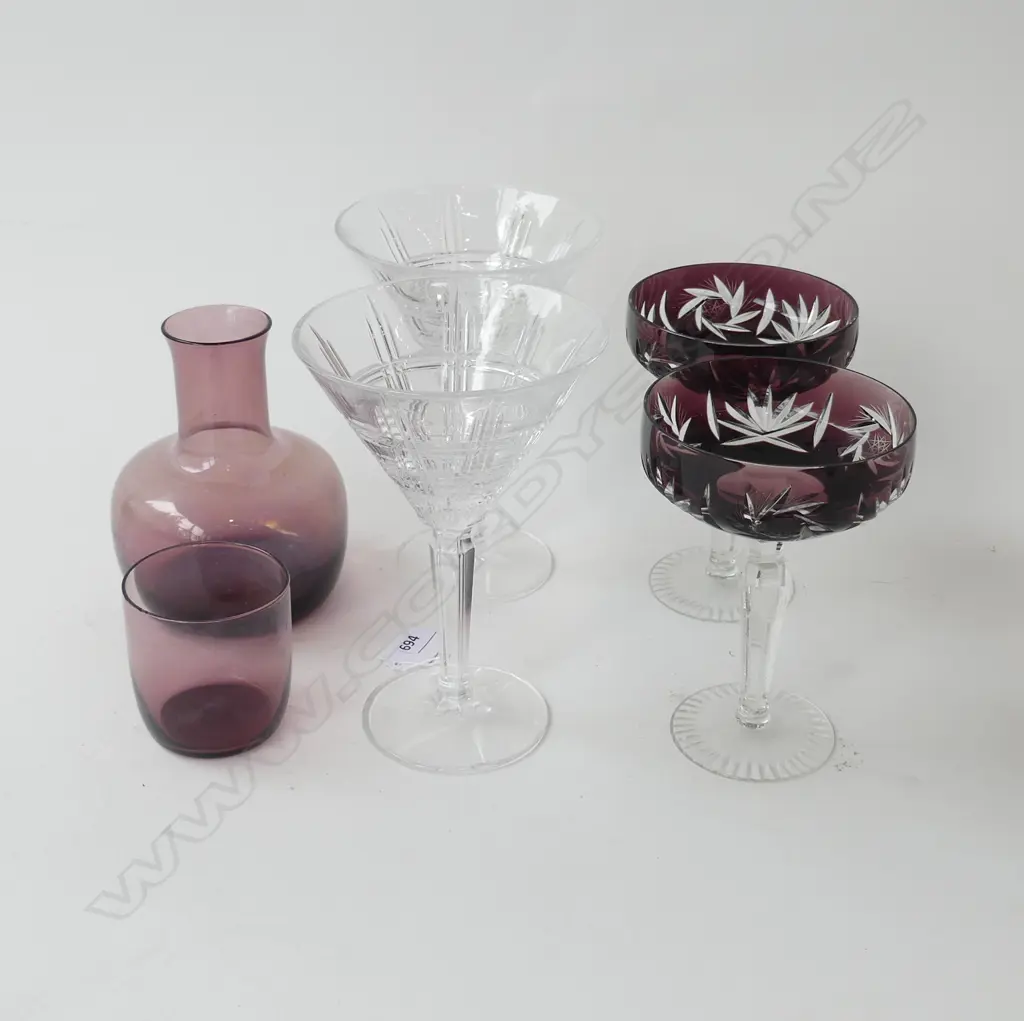 4 CHAMPAGNE COUPES; PR WATERFORD MARQUIS H.175mm, PR PURPLE CRYSTAL + CARAFE & CUP Image 1++