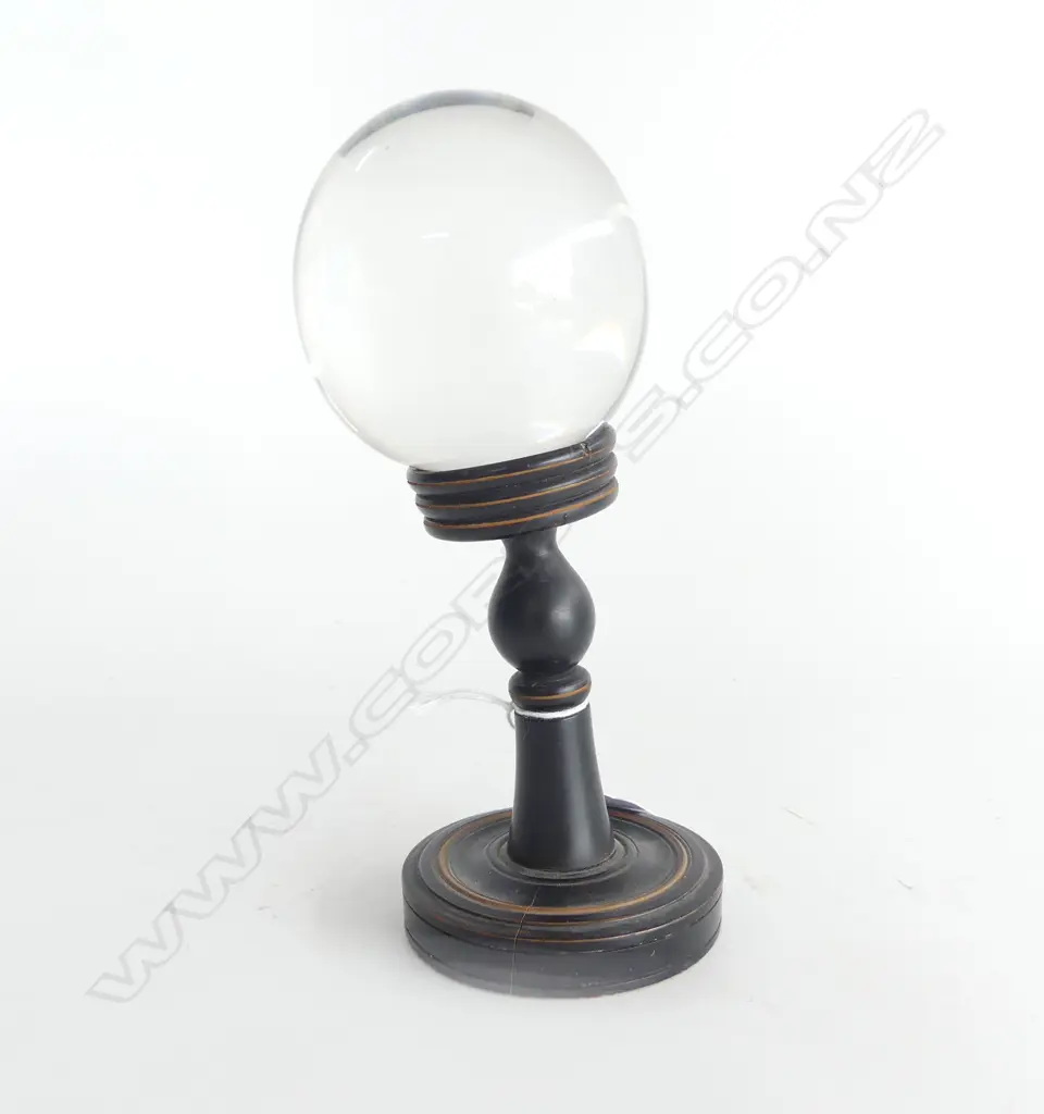 GLASS BALL ON EBONISED TURNED WOOD STAND H.180mm. Image 1++