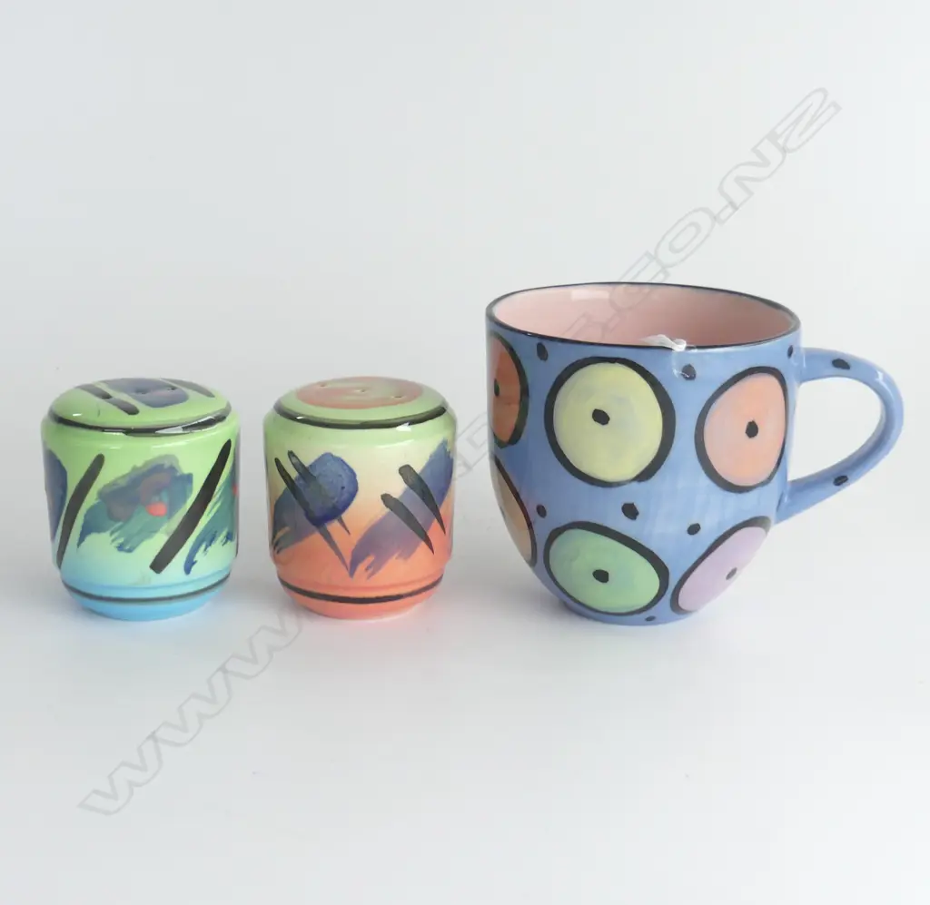 NZ STUDIO POTTERY MUG & PAIR of CONDIMENTS. brightly glazed All unmarked Image 1++