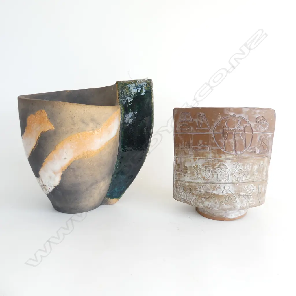 2 STUDIO POTTERY VASES 1 HAS EGYPTIAN HELIOGRAPHS H220MM TALLEST Image 1++