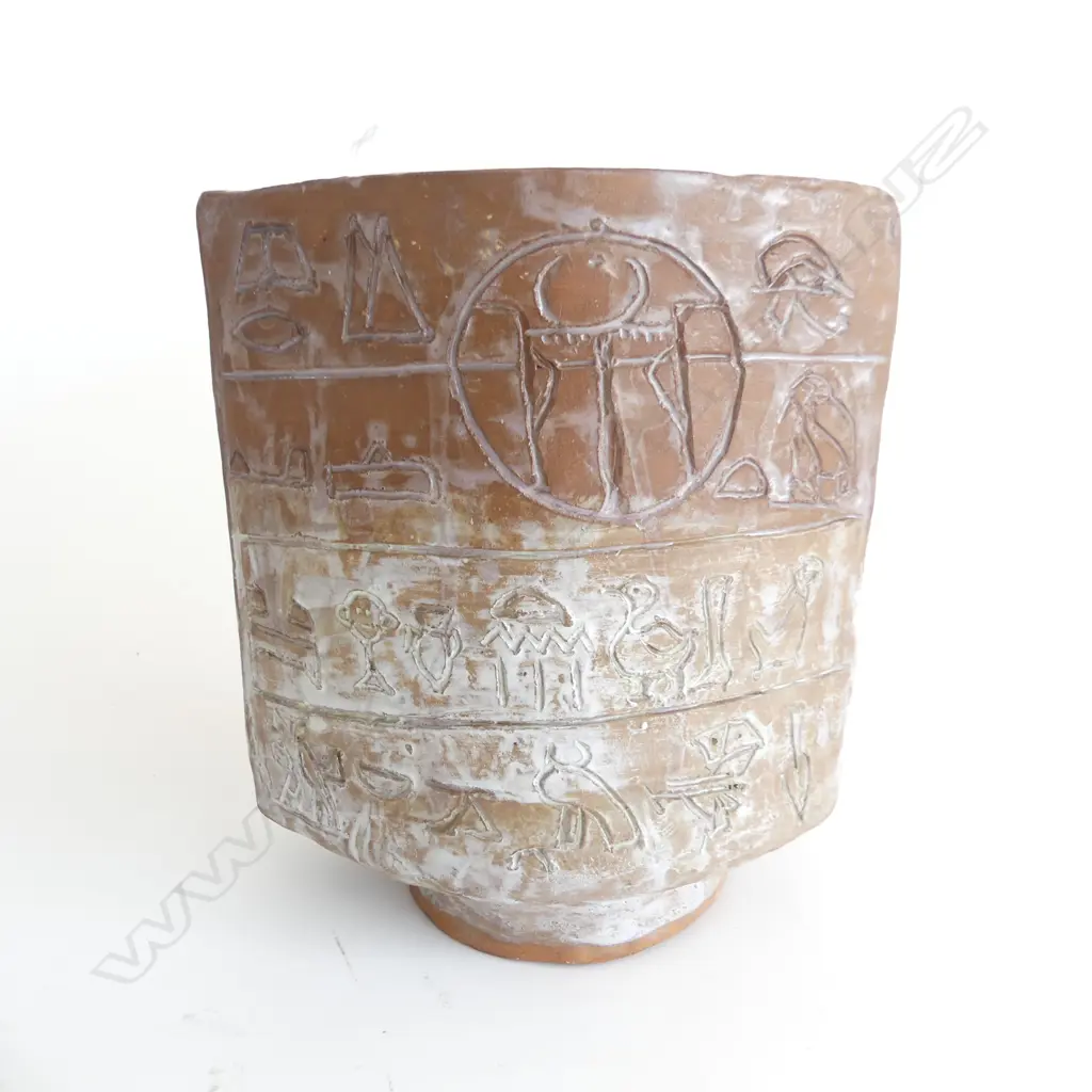2 STUDIO POTTERY VASES 1 HAS EGYPTIAN HELIOGRAPHS H220MM TALLEST Image 1++