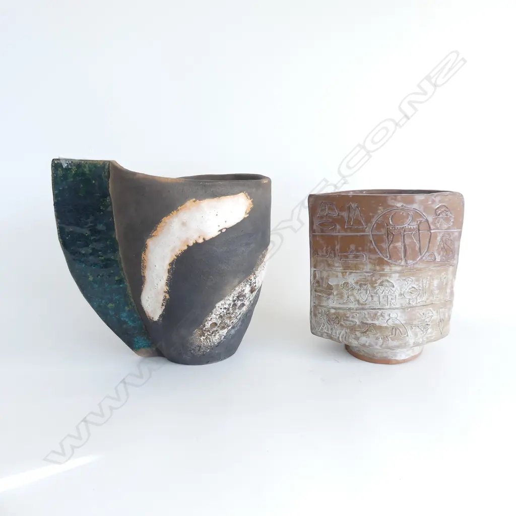 2 STUDIO POTTERY VASES 1 HAS EGYPTIAN HELIOGRAPHS H220MM TALLEST Image 1++