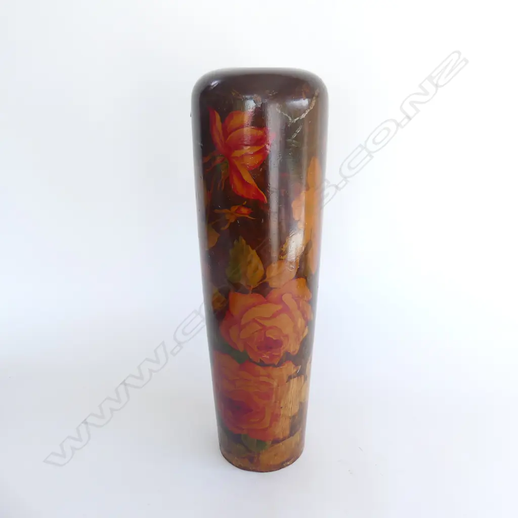 TALL FOLK ART TREEN VASE w FLOWER POKER WORK. H460mm Image 1++