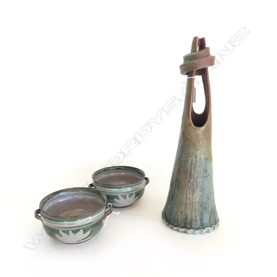 MORRISON JAMES STUDIO POTTERY VASE, H.380MM & 2 DOUBLE-HANDLED SOUP BOWLS, STAMP TO BASE, DIA,125MM