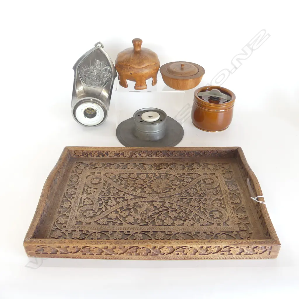 INDIAN CARVED WOODEN TRAY L.450mm, BAROMETER, WOODEN CONTAINERS, TOBACCO JAR, PEWTER INKWELL Image 1++