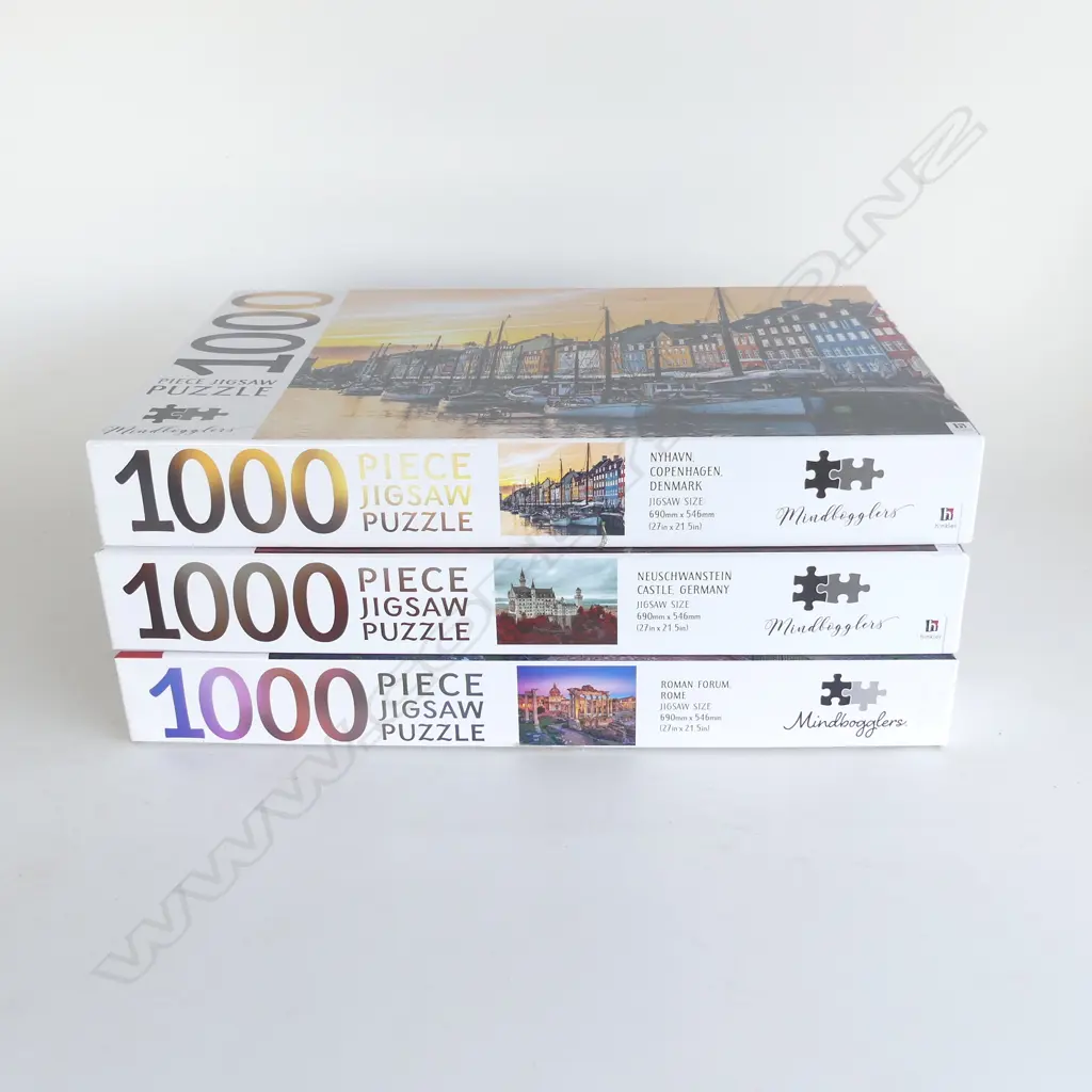 THREE NEAR NEW 1000PC JIGSAW PUZZLES – ROME, COPENHAGEN, NEUSCHWANSTEIN (ONE UNOPENED) Image 1++