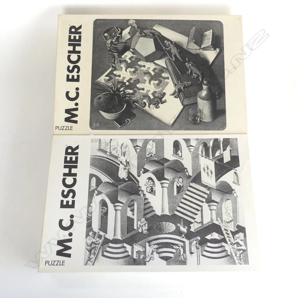 TWO VINTAGE M.C. ESCHER 1000PC PUZZLES MADE IN HOLLAND FOR SELEGIOCHI MILANO ITALY – CONVEX AND CONCAVE & RETILES L. 39C Image 1++