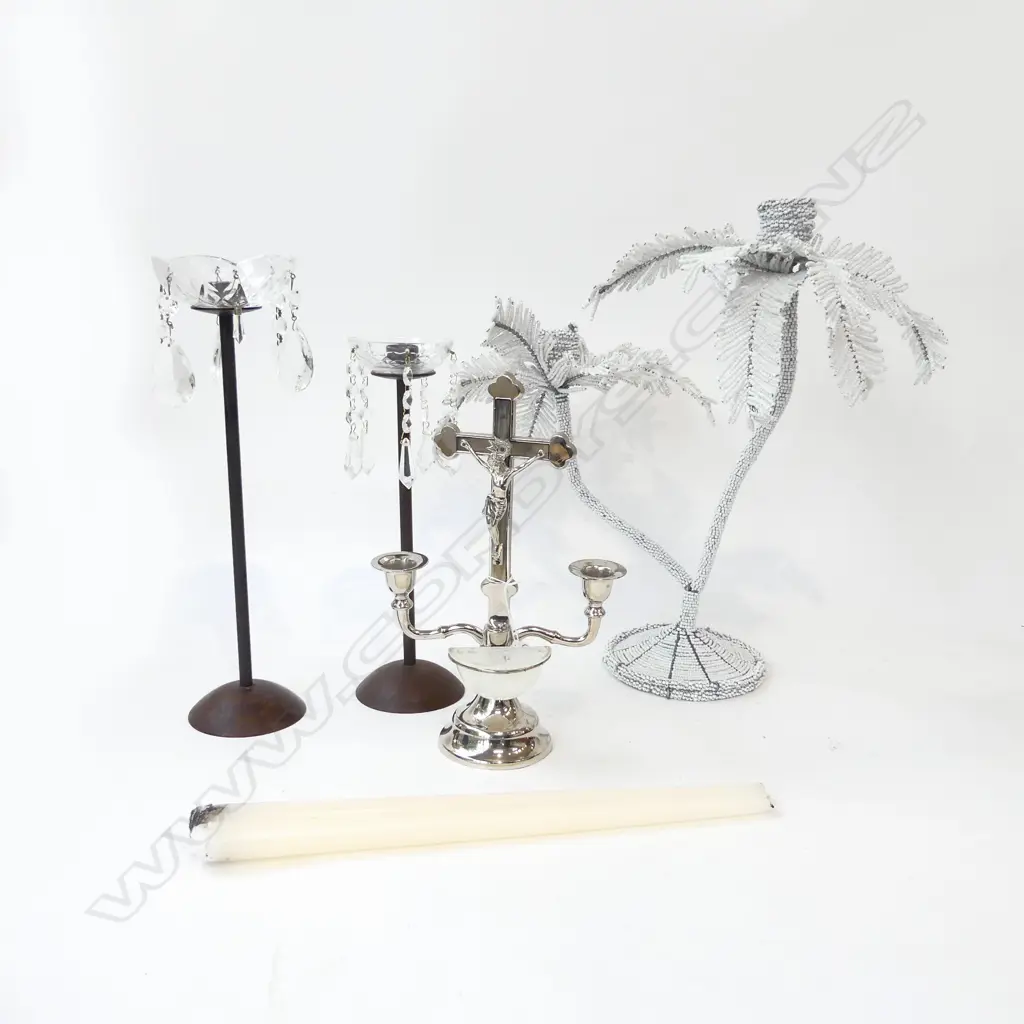 4 CANDLESTICKS; BEADED PALM H.410mm, W. GERMAN CRUCIFIX, 2 METAL & CRYSTAL DROPS Image 1++