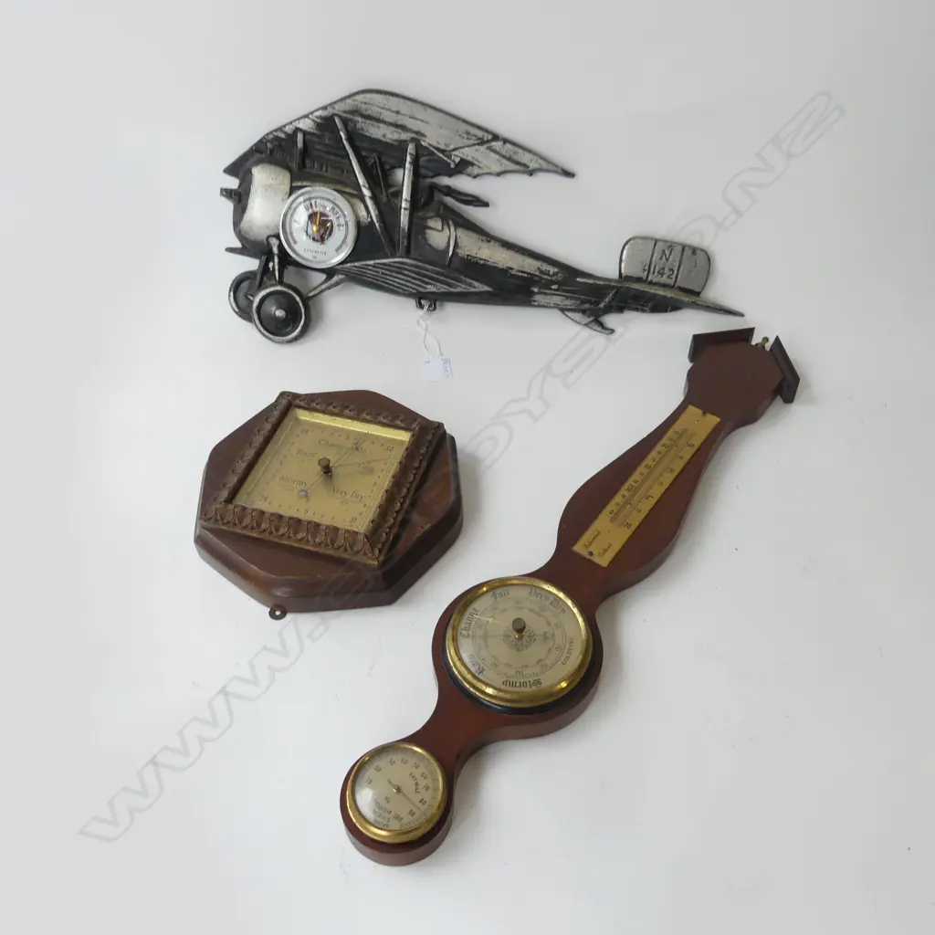 3 VINTAGE BAROMETERS; AEROPLANE W.520mm, WALL H.585mm Image 1++