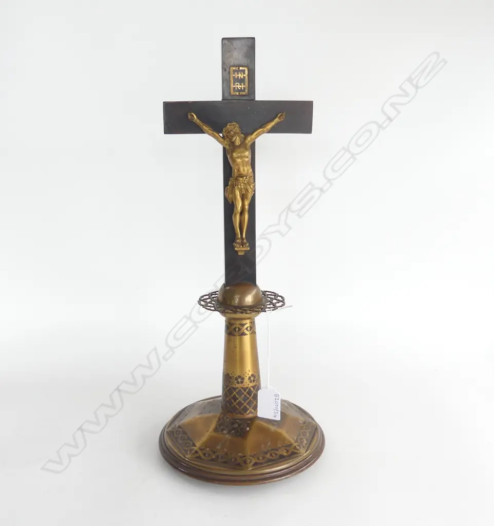 ART NOUVEAU CRUCIFIX BRASS METAL & WOOD BASE H430MM Image 1++