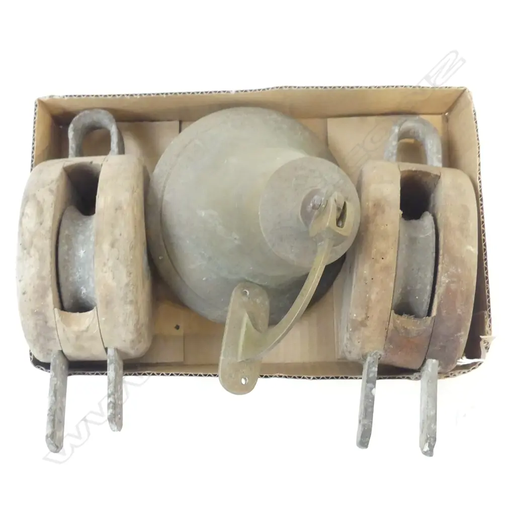 2 OLD WOODEN PULLEYS + VINTAGE BRASS BELL 165mm dia Image 1++