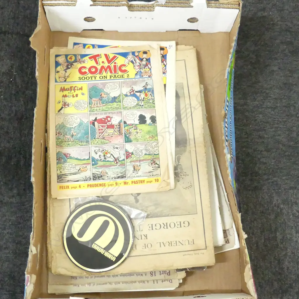 ASST. EPHEMERA; 2 1955 T.V. COMICS, 22 WATERMAN PEN STICKERS 135mm dia, 1936 KING GEORGE V FUNERAL NEWSPAPERS Image 1++