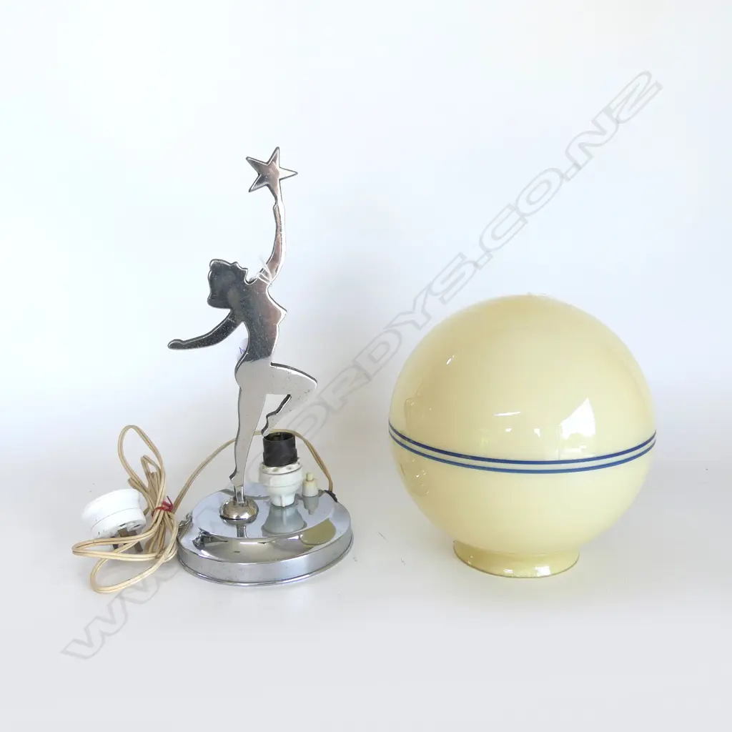 RETRO DECO LADY w STAR CHROME LAMP & DECO GLASS GLOBE LAMPSHADE Image 1++