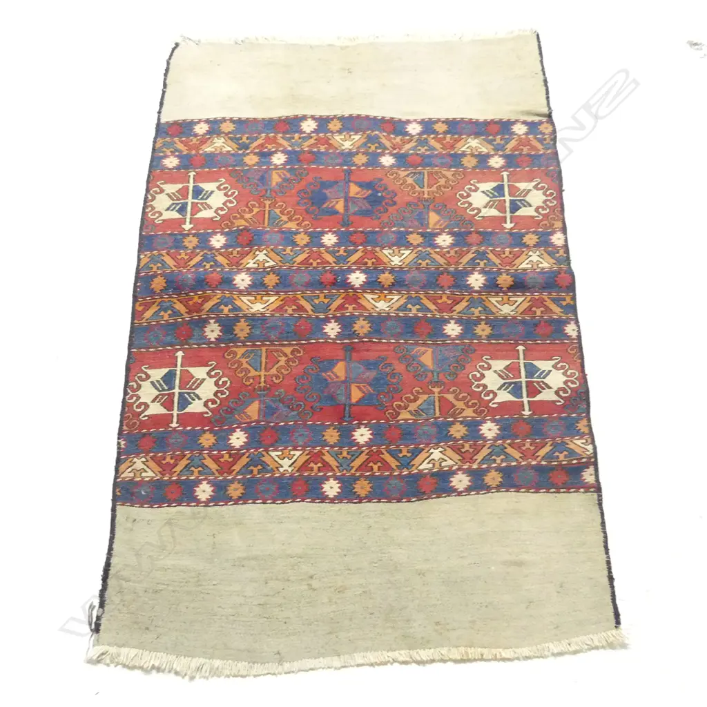 (27) COLLECTOR'S TURKISH HAND WOVEN KELIM RUG wool on cotton geometric banded designs 1450 x 950mm Image 1++