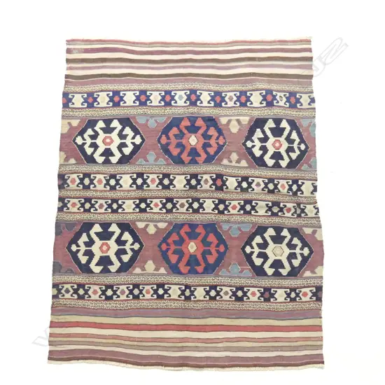(02) COLLECTOR'S TURKISH HAND WOVEN KELIM RUG wool on cotton 6 lozenge medallions 1280 x 1000mm