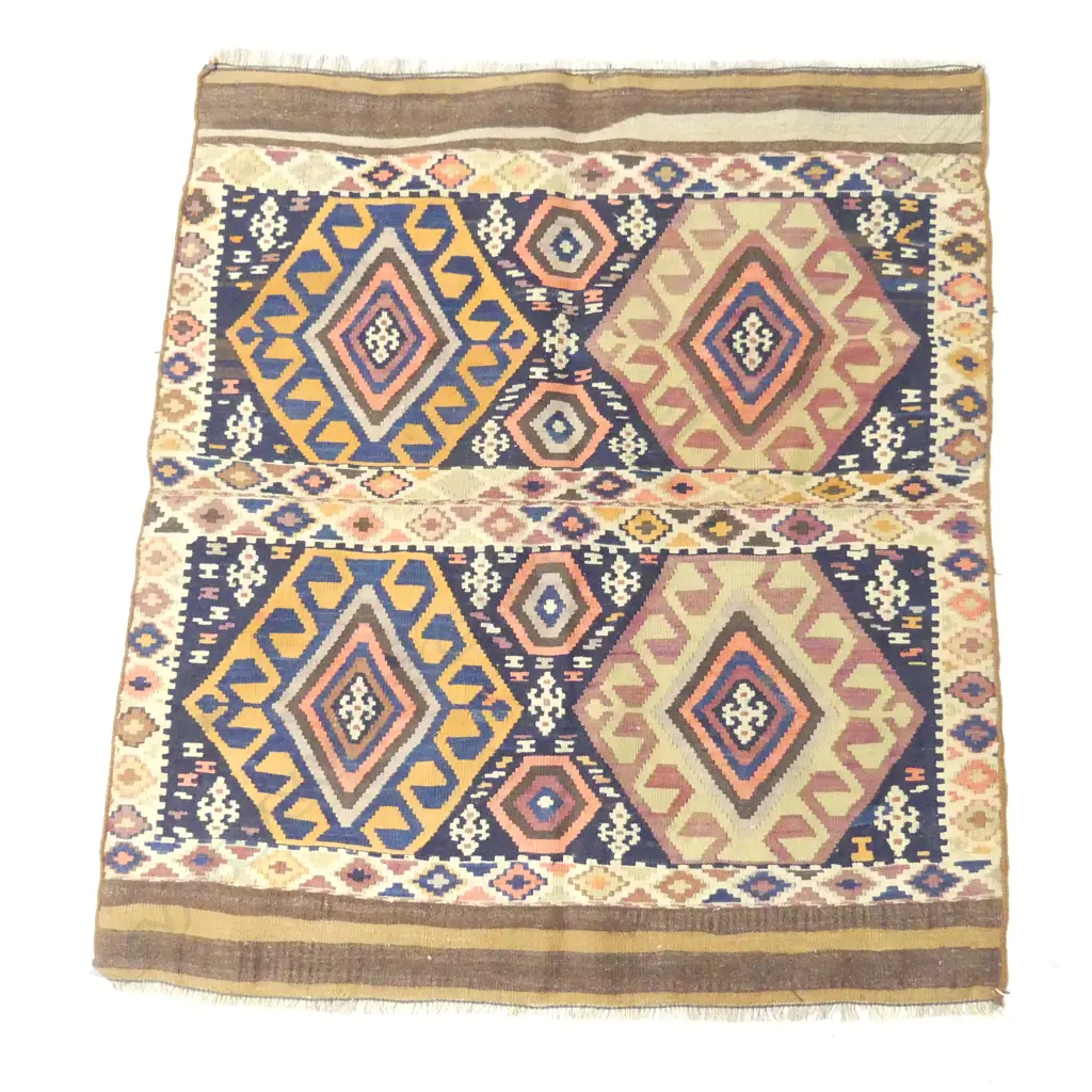 (22) COLLECTOR'S TURKISH HAND WOVEN KELIM RUG all wool 4 diamond medallions 1200 x 1050mm Image 1++