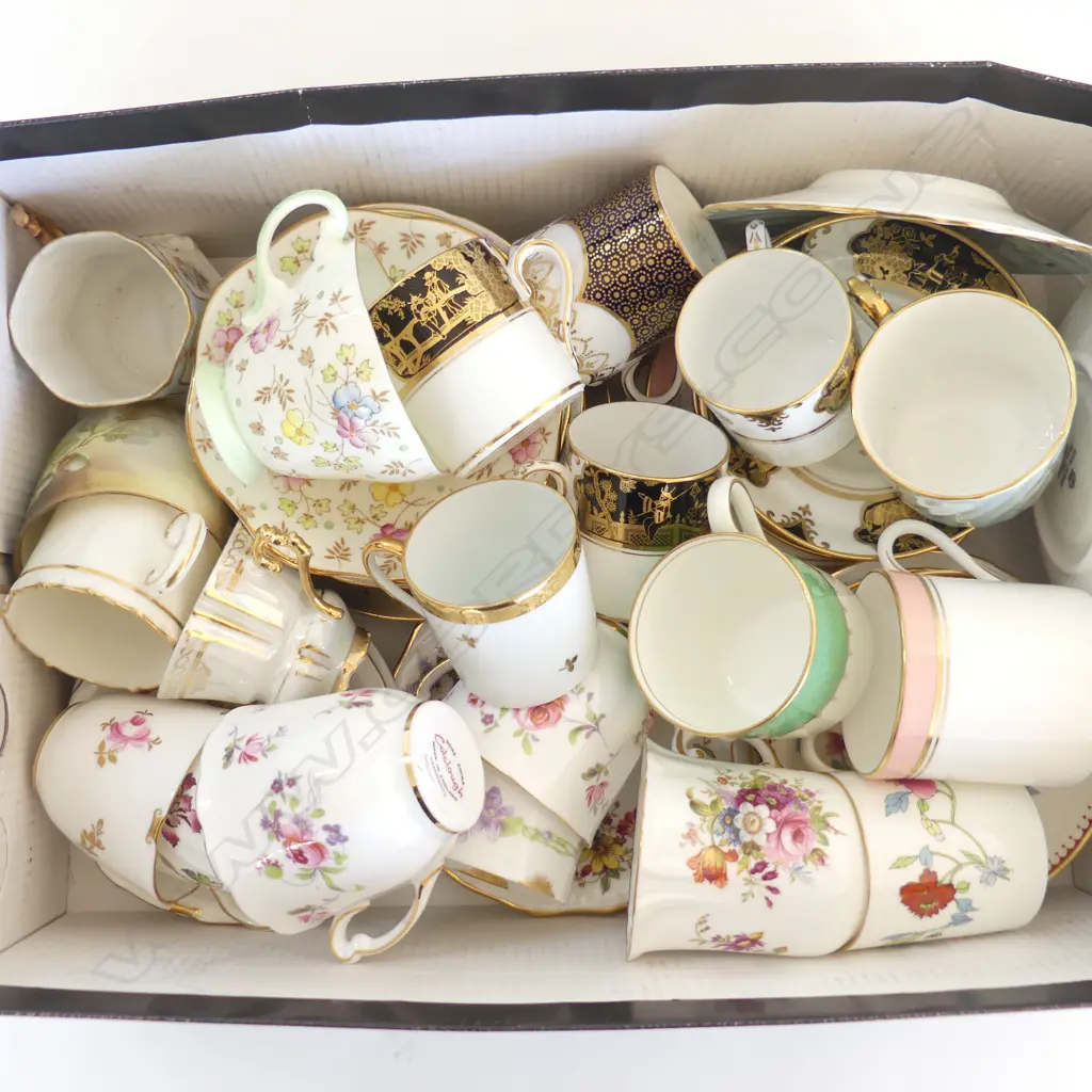 COLLECTION OF ASSTD ENGLISH CHINA DEMI-TASSE CUPS & SAUCERS, VARIOUS PATTERNS & MAKERS Image 1++