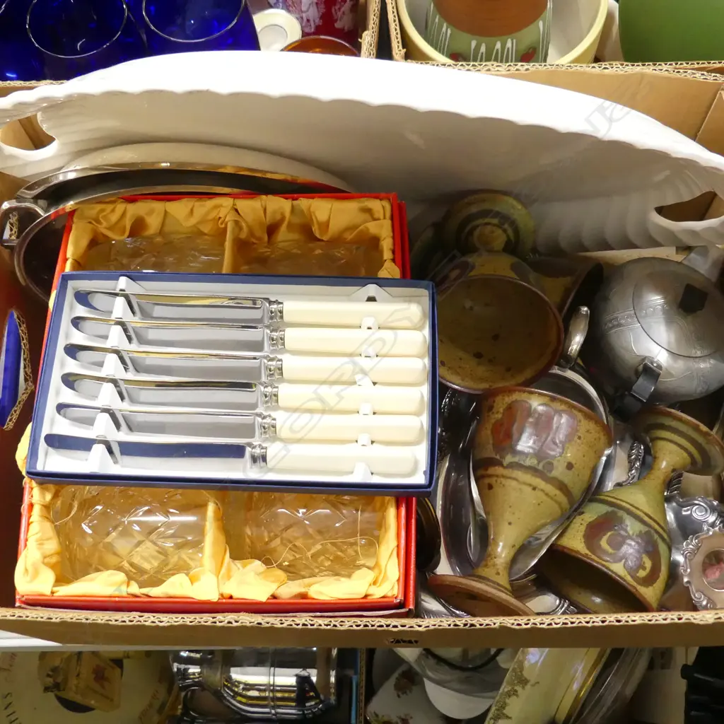 ASST EP, 6 POTTERY GOBLETS, LG WHITE PLATTER, 6 BOXED CRYSTAL GLASSES, 6 IVORINE KNIVES ETC Image 1++