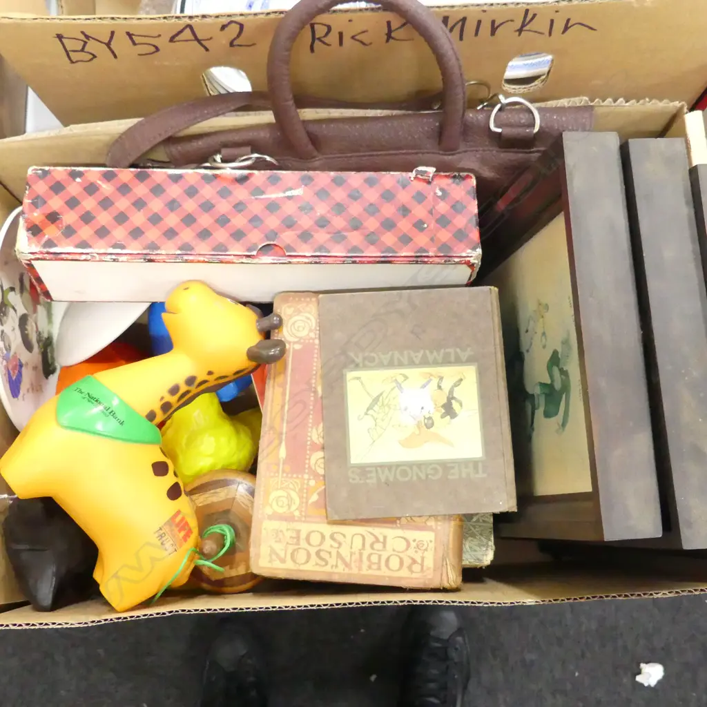 COLLECTION VINTAGE CHILDREN'S BOOKS, MONEY BOXES, NZ WOODS SPINNING TOP, RG LAWRIE BAGPIPE CANTER ETC Image 1++