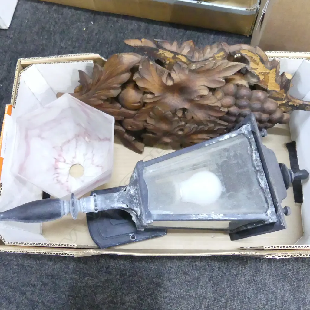 3 WOOD CARVINGS, LANTERN, GLASS SHADE Image 1++