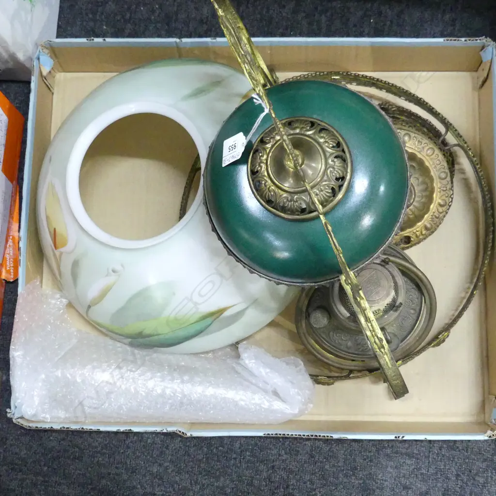 VICTORIAN HANGING KEROSENE LAMP, GILDED BRASS & DELICATE HANDPAINTED LILIES TO SHADE, NEEDS ASSEMBLY Image 1++