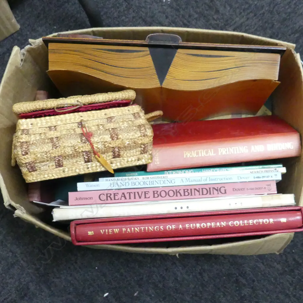 ASST. BOOKBINDING BOOKS ETC + BLUE CRATE ASST. TOOLS Image 1++