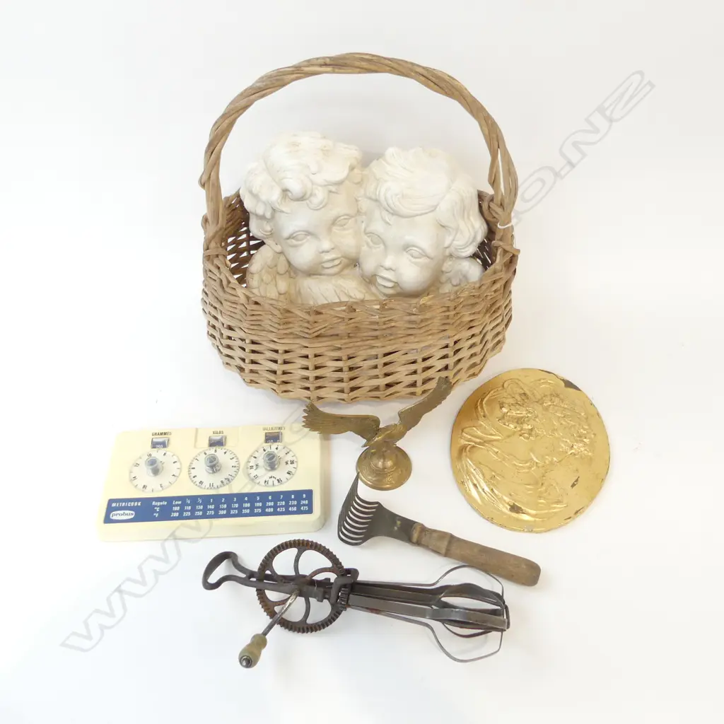BASKET w ANGEL WALL PLAQUE, EGG BEATER ETC Image 1++