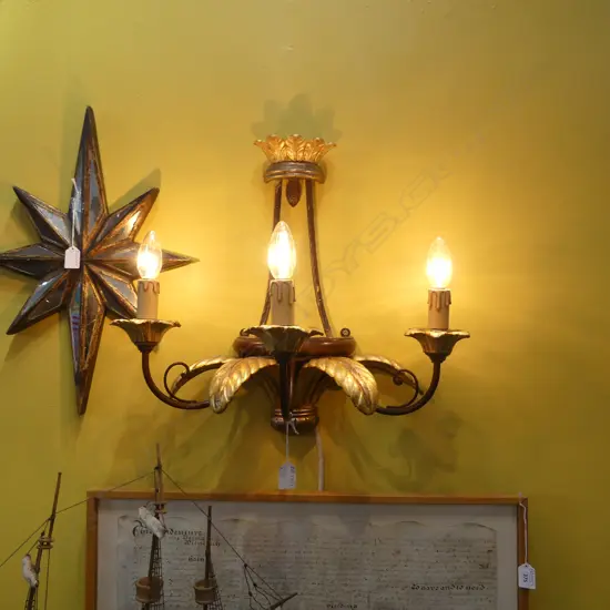 6 LIGHT GILT CHANDELIER 590mm dia + 3 LIGHT SCONCE H.480mm