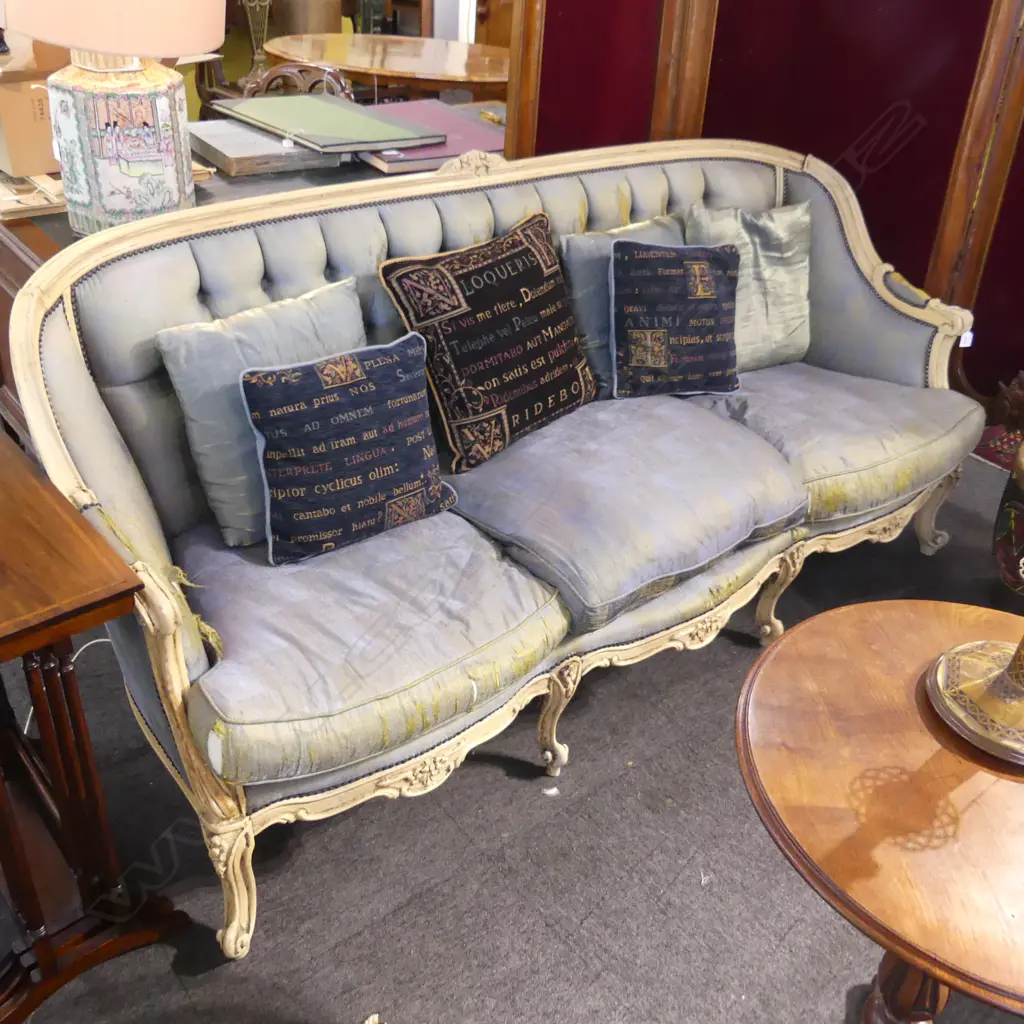 FRENCH STYLE BUTTON BACK SOFA - BLUE UPHOLSTERY WORN Image 1++