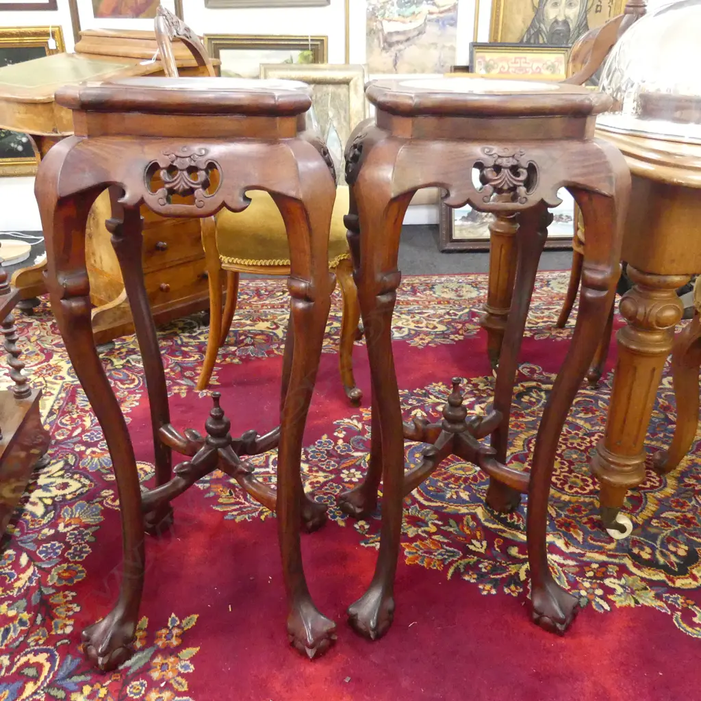 PR ORIENTAL CARVED WOODEN PLANT STANDS w. IVORY INSET H.810mm Image 1++