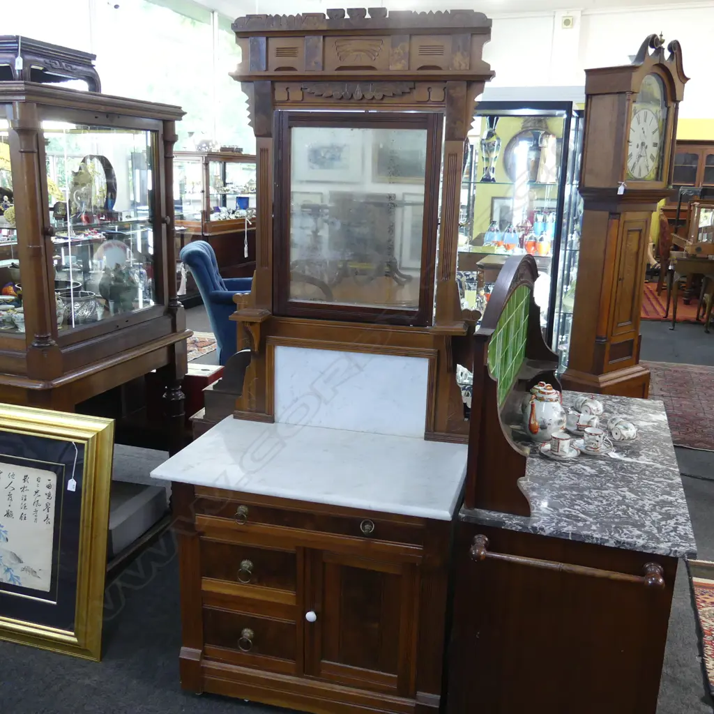 LATE VICTORIAN BURR WOOD AND MAPLE WASH STAND WITH MARBLE AND MIRROR BACK H 1860 MM Image 1++