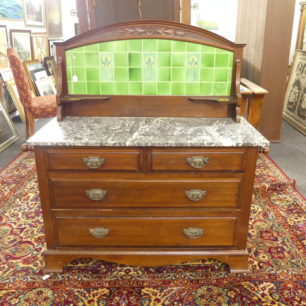 LATE VICTORIANART NOUVEAU MARBLE AND TILED BACK WASHSTAND 1070mm x 485mm x 1260mm Image 1++