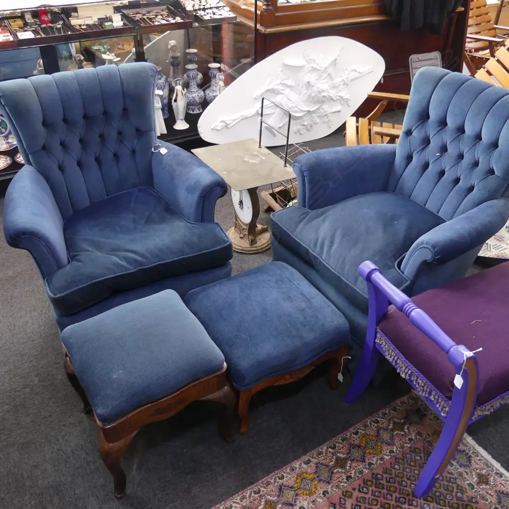 PAIR OF BLUE BUTTON BACKED ARMCHAIRS EACH WITH STOOL Image 1++